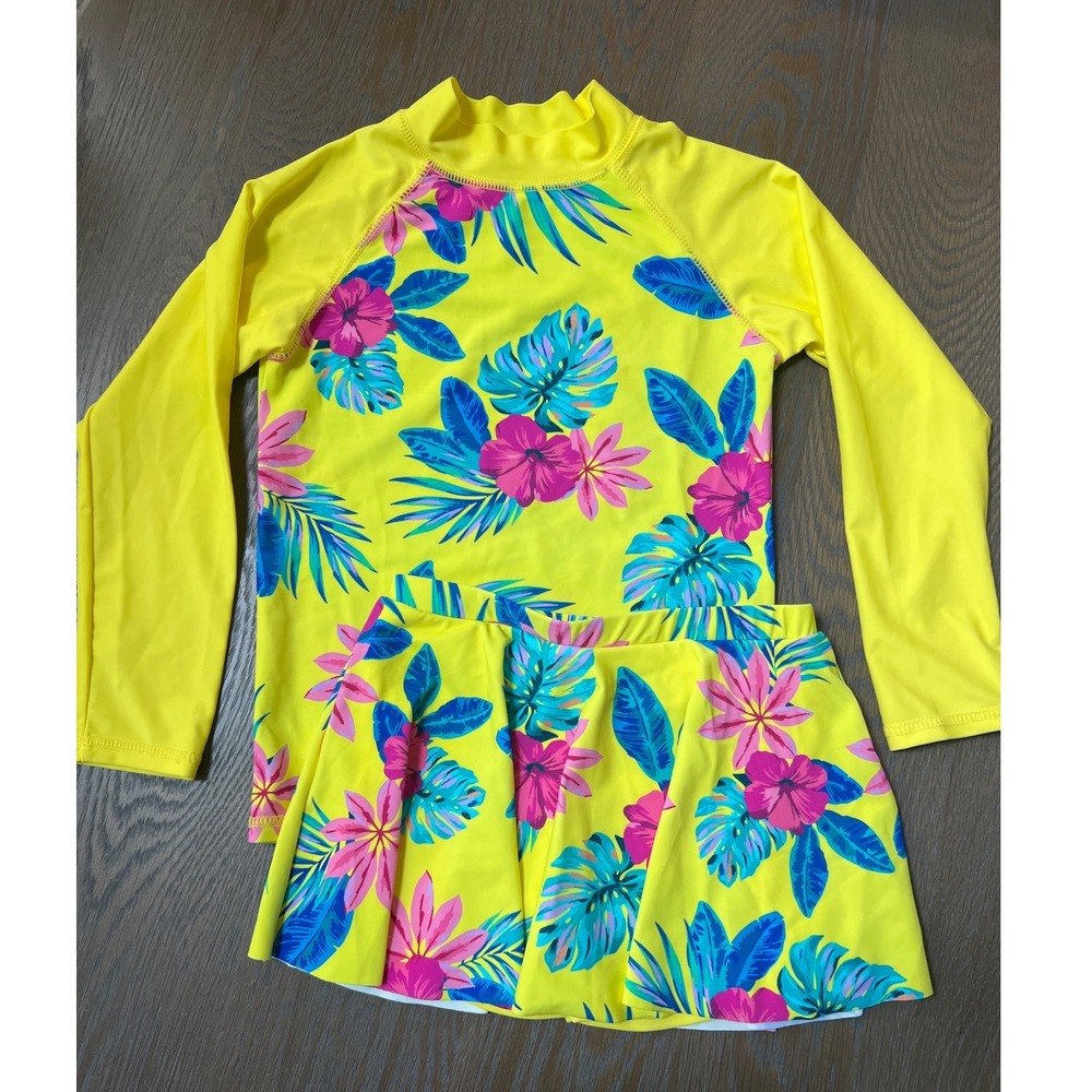 NWOT Yellow Tropical Floral Long Sleeve Rash Guard and Swim Skirt Set Size 10
